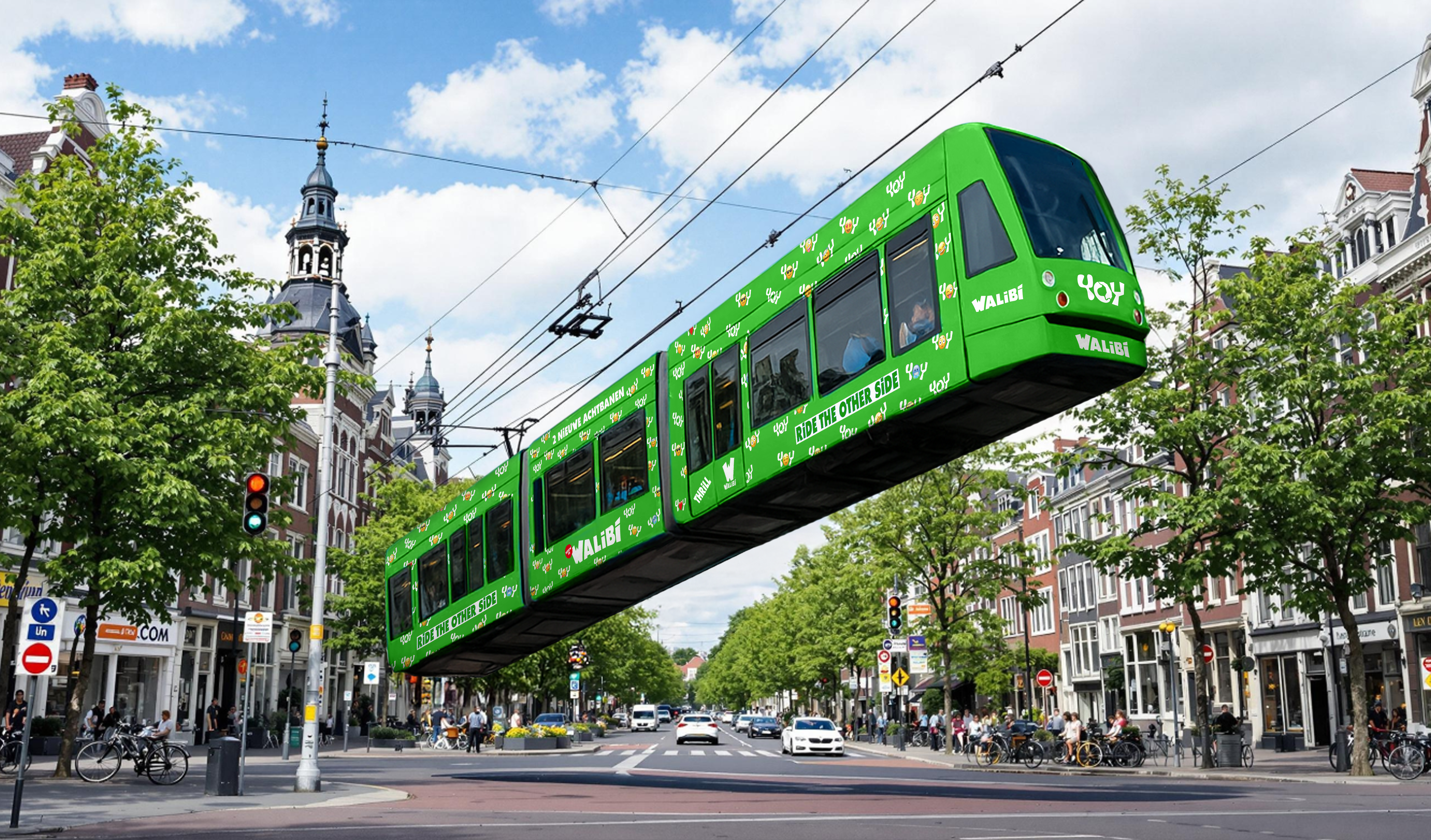 Walibi Holland promotion: Win a VIP day for 16 people by posting a selfie with the YOY tram in Amsterdam – includes free park entry, exclusive roller coaster access, lunch, and parking.